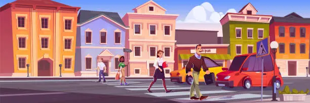 Vector illustration of City street road traffic with pedestrian cartoon