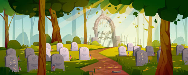 Summer day at national cemetery with USA flags Summer day at national cemetery with USA flags near graves. Vector cartoon illustration of military memorial graveyard with marble tombs on green lawn under tall trees, stone gate and old fence military funeral stock illustrations
