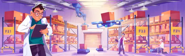 Vector illustration of Warehouse factory room and worker with clipboard