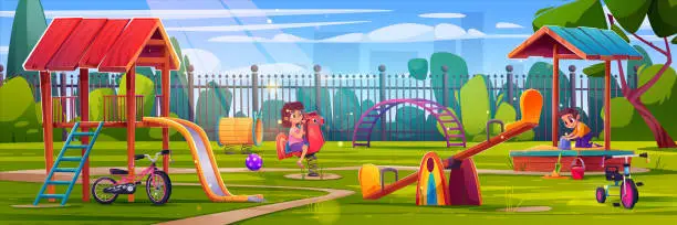 Vector illustration of Children play on playground in park, kindergarten