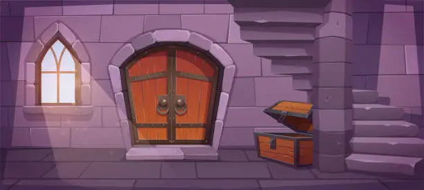 Vector illustration of Medieval dungeon with stairs and treasure chest