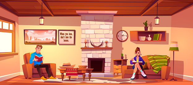 Couple reading in home living room with fireplace cartoon vector background. House interior with vintage couch and armchair. Girl and man sitting inside rustic chalet hotel lounge with bookshelf