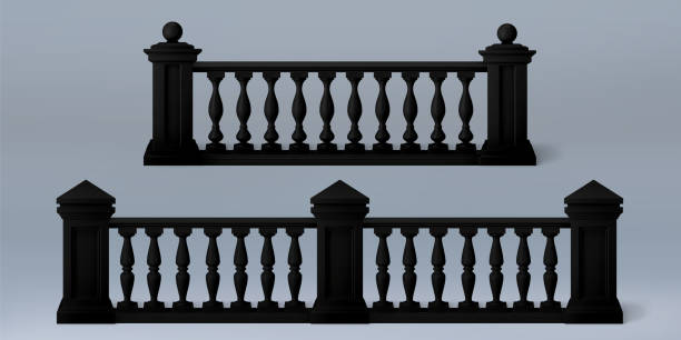ilustrações, clipart, desenhos animados e ícones de balaustrada 3d preto da varanda com pilar romano - balaustrada