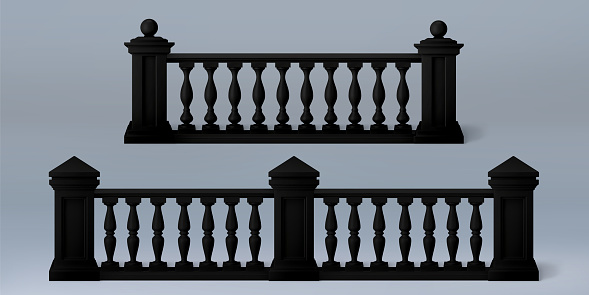 3d black balcony balustrade with roman stone pillar. Palace porch fence vector isolated marble terrace parapet. realistic decorative european railing design element with baroque column png set