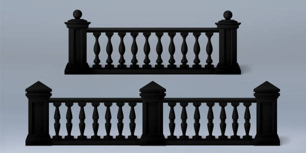 3d black balcony balustrade with roman pillar 3d black balcony balustrade with roman stone pillar. Palace porch fence vector isolated marble terrace parapet. realistic decorative european railing design element with baroque column png set baluster stock illustrations