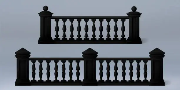 Vector illustration of 3d black balcony balustrade with roman pillar