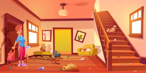 Vector illustration of Woman cat owner shocked in messy hall interior