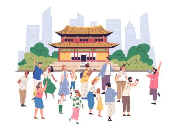 Vector illustration of Tourists group guide. Tour guides showing urban landmark, different tourist visit sightseeing on europe city places excursion, traveler with photo camera classy vector illustration