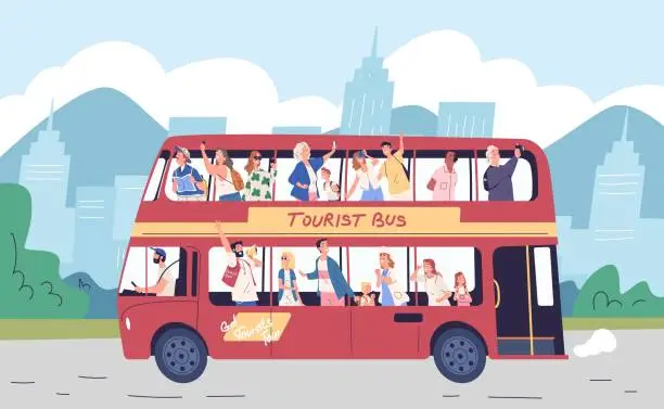 Vector illustration of Tourists on bus excursion. Travel tourist group transfer, foreigner london trip or family sightseeing summer travelling city tour speaker landmark guide, classy vector illustration