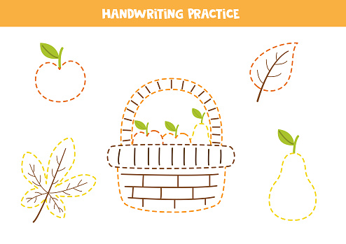 Tracing Lines For Kids Autumn Worksheet Basket With Fruits And Leaves ...