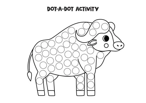 Vector illustration of Dot a dot game for preschool kids. Cute buffalo or bison.