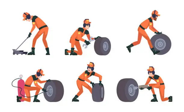 Vector illustration of Pit stop. Sport racer mechanics changing tire at racing cars exact vector illustrations set