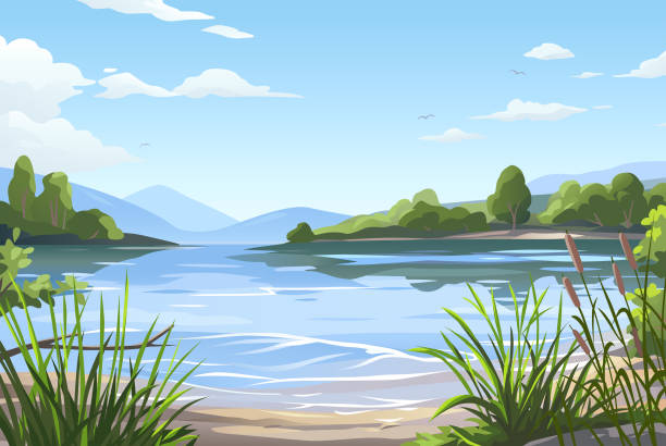 Beautiful Lake Scene Vector illustration of a beautiful lake and shoreline with reed under a bright blue cloudy sky surrounded by hills, trees and mountains. riverbank stock illustrations