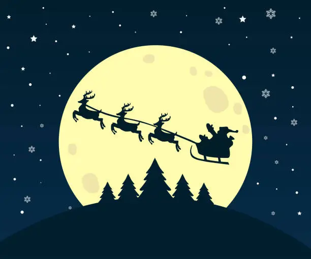 Vector illustration of Santa in a reindeer sleigh in the sky against the backdrop of a large yellow moon.Greeting card Merry Christmas and Happy New Year. Vector