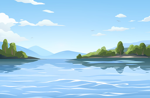 Vector illustration of a beautiful lake under a bright blue cloudy sky surrounded by hills, trees and mountains.