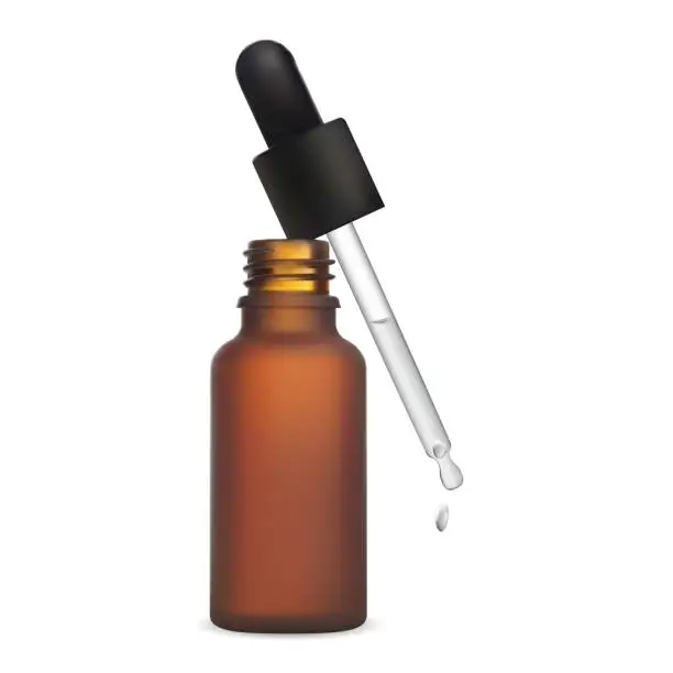Vector illustration of Brown dropper bottle. Amber glass pipette packaging
