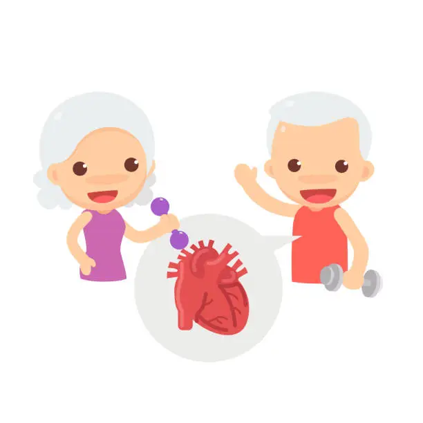 Vector illustration of Cute characters of couple old man and old woman in strong and healthy actions with heart symbol in the bubble. Old people cardiovascular exercise. Vector illustration cute flat design.