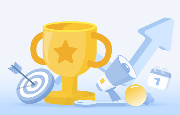 istock Elements of business growth up. Arrow pointing up, trophy. 1597940510