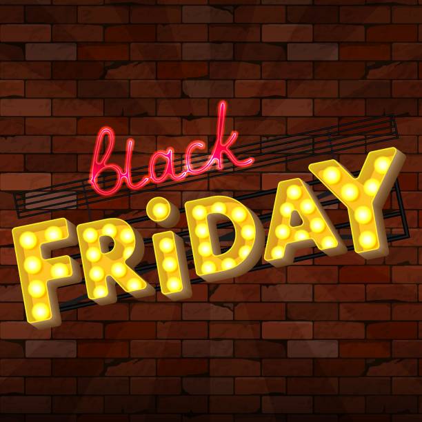 istock Banner for black friday. Light tubes and bulbs, lamps on brick wall background. Concept sale poster. Vector Illustration. 1597946083