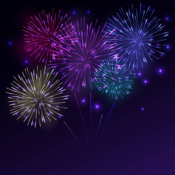 istock Salute, Festive Fireworks on black Background. Celebrating Christmas, New Year, National Holidays Concept. Vector Illustration. 1597946494