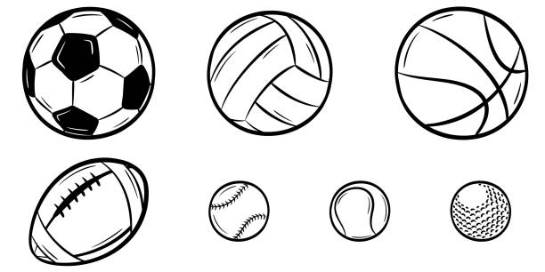 набор коллекций рисунков с иллюстрациями спортивных мячей. черный мультяшный эскиз изолирован на белом фоне - sport ball sphere competition stock illustrations