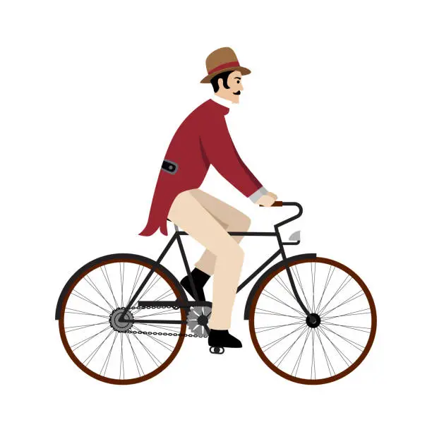 Vector illustration of Man on retro vintage old bicycle engraving vector illustration. flat style imitation. Hand drawn image.