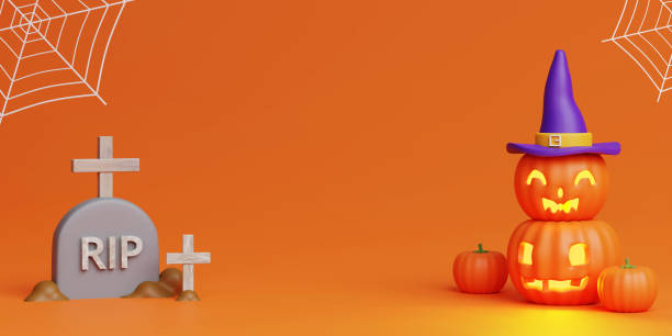 istock Happy Halloween concept, Pumpkins character wearing witch on orange background. with copyspace. 3d rendering illustration 1597969639