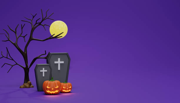 istock Halloween pumpkins moon grave and tree. happy halloween on isolated violet background. 3d rendering 1597972248