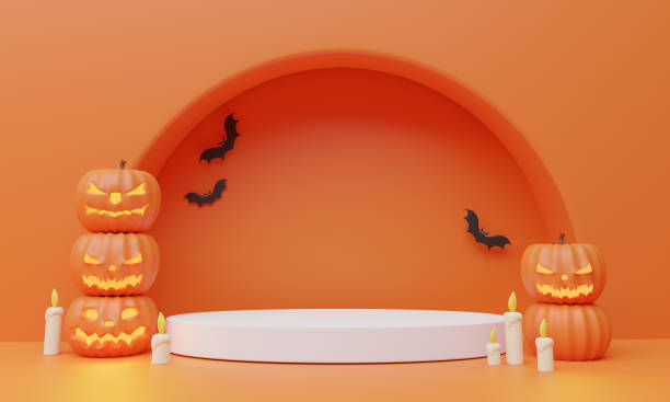 istock Podium and Stage for product and minimal abstract background for Halloween. 3d rendering 1597973848