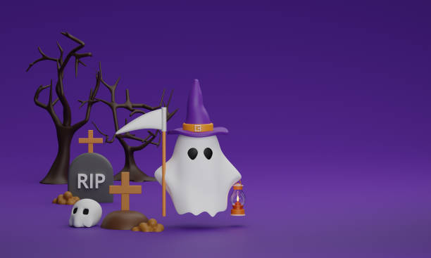 istock Halloween spooky ghost skull tree and grave. happy halloween on isolated violet background. 3d rendering 1597973852