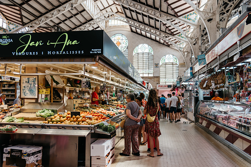 Valencia, Spain - July 29, 2023: Central Market of the city of Valencia. Interior View
