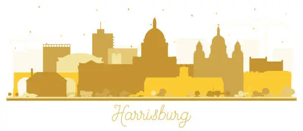 Vector illustration of Harrisburg Pennsylvania City Skyline Silhouette with Golden Buildings Isolated on White.