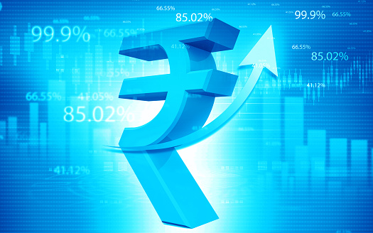 Indian rupee symbol with arrow graph on financial chart background. 3d illustration