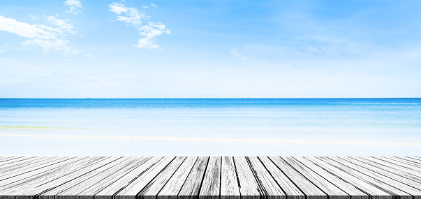 Table on Sea Summer Background, Top Wooden Deck on White Beach Sand Blue Water and Sun Sunny Day, Pier Ocean Tropical Outdoor Landscape Texture Sky Horizon Spring Backdrop for Vacation Tourism Holiday