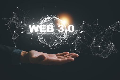 Businessman in a suit personifies the dynamic Web 3.0 concept, underscoring the seamless integration of technology, business growth, and internet innovation. Technology global network web3