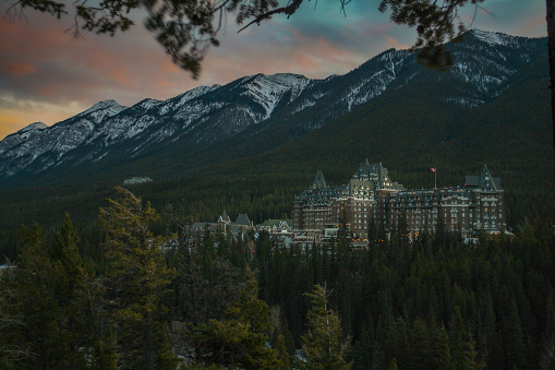 November 2019 - Banff, Canada: Fairmont Banff Spring Hotel as seen from the Surprise Corner, during sunset.