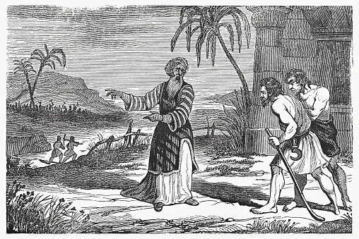 The parable of the vineyard workers (Matthew 20, 1 - 16). Wood engraving, published in 1837.