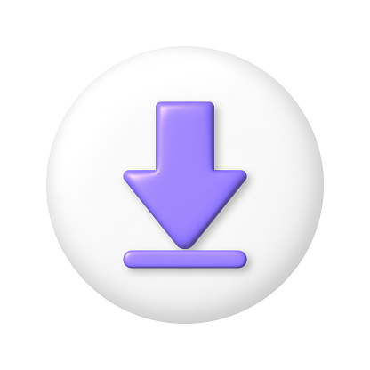 Purple 3D down arrow icon on white button. 3d cartoon design element. vector illustration.