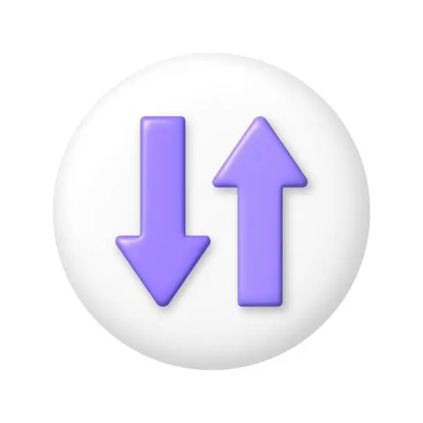 Vector illustration of Purple 3D down and up arrow icon on white button. 3d cartoon vector illustration.