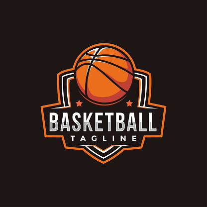 Badge emblem patch basketball logo team club league with ball and shield concept icon vector on dark background