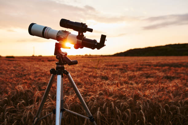 Astronomy telescope for observing space and celestial objects. stock photo