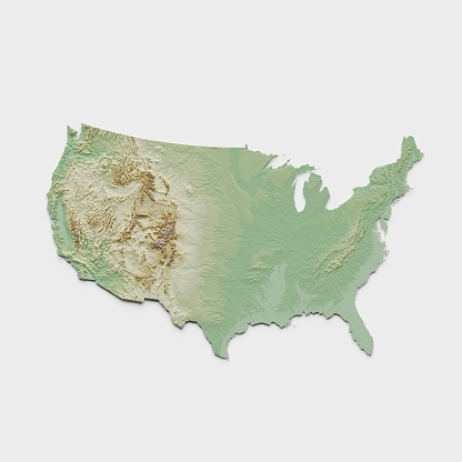 3D render of a topographic map of the contiguous United States of America (USA, vers. 2). All source data is in the public domain. Relief texture: NASADEM data courtesy of NASA JPL (2020). URL of source image: https://doi.org/10.5067/MEaSUREs/SRTM/SRTMGL3.003. Color texture: Made with the free and open-source software Blender. URL of Blender software:  http://www.blender.org.