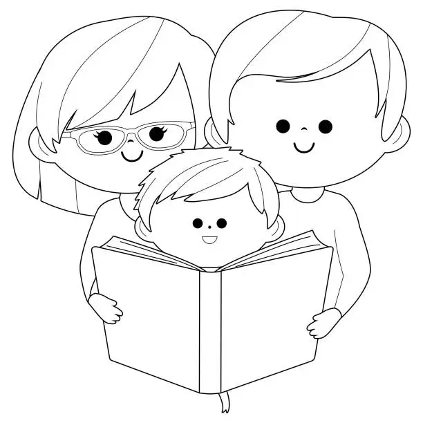 Vector illustration of Family reading a book. Vector black and white coloring page.