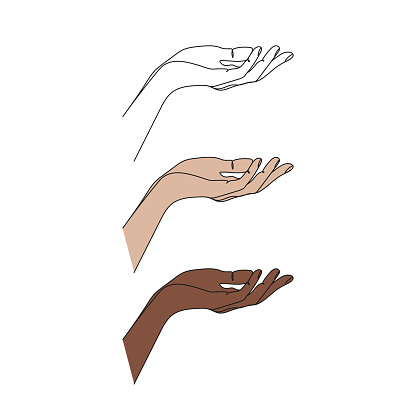Outstretched hand palm up. One line art. Hand gesture. Pose and gesturing. Hand drawn vector illustration.
