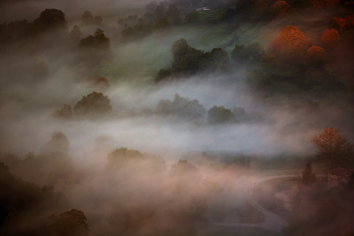 Aerial view from hot air balloon floating over seasonally distinct foliage and low-lying fog in Girona, Spain.