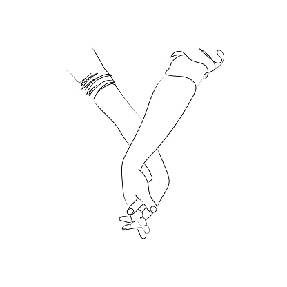 Hands holding together. One line art. Couple holding hands. Hand drawn vector illustration.