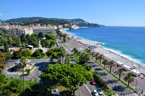 Nice, France - September 29 2019: Aerial view of Quai des Etats-Unis and Promenade des Angles