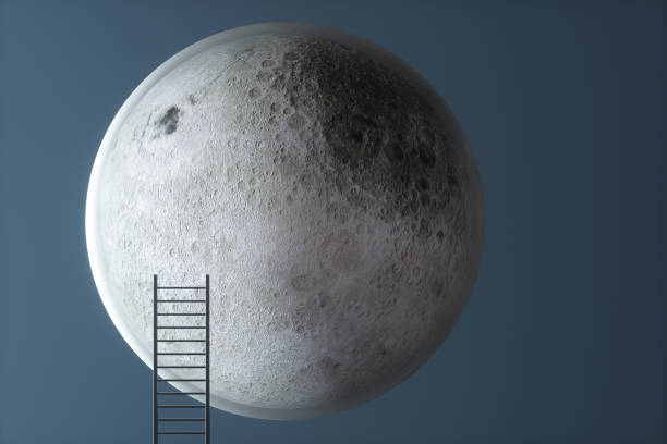 istock Moon satellite with a ladder on a blue background. 3d rendering illustration. 1598078532