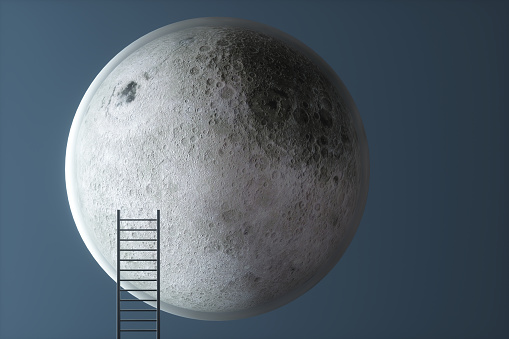 Moon satellite with a ladder on a blue background. 3d rendering illustration.