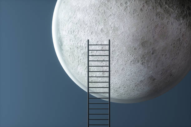 istock Moon satellite with a ladder on a blue background. 3d rendering illustration. 1598078539